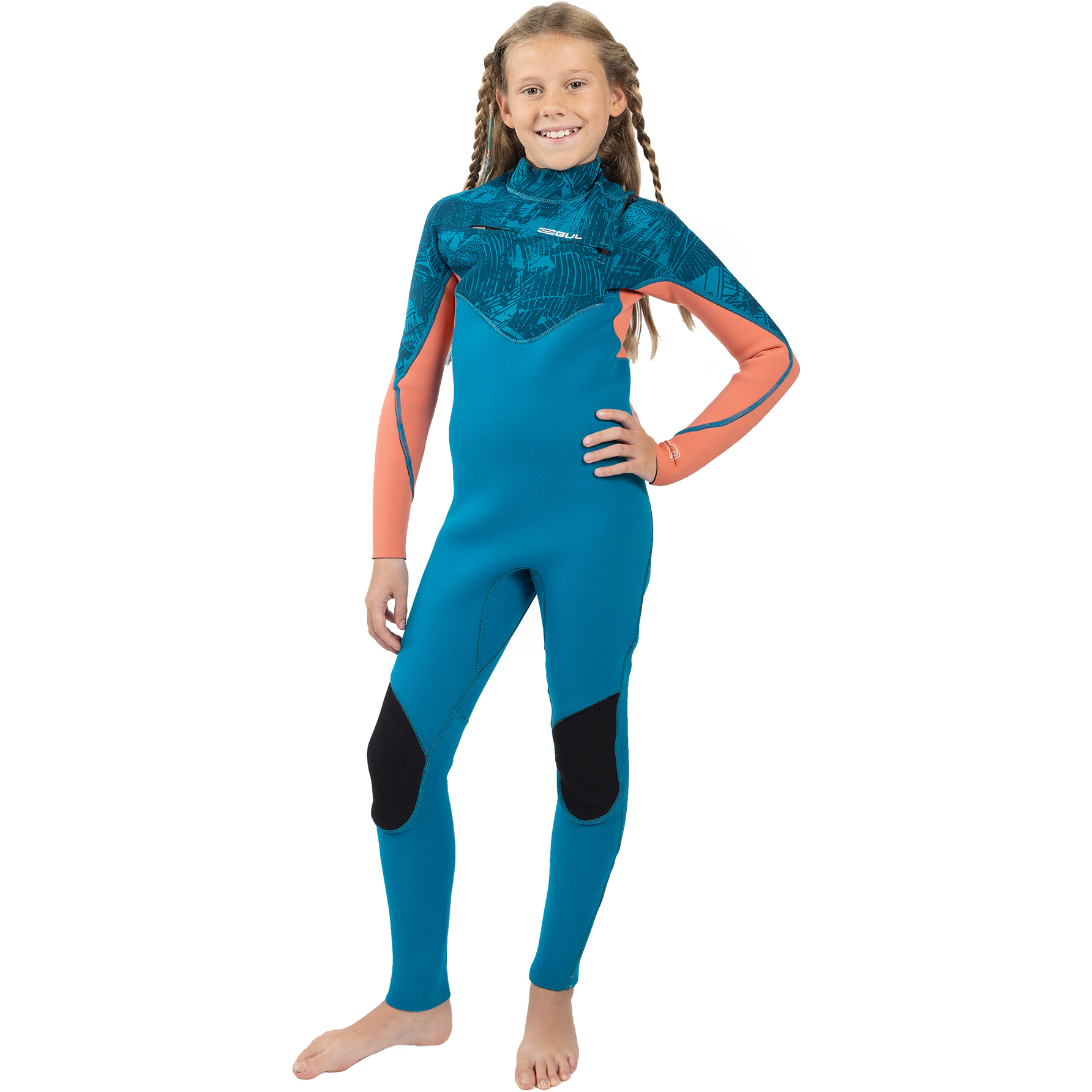 2025 Gul Junior Response Echo 3/2mm Chest Zip Wetsuit RE1329/C2 - Teal / Coral